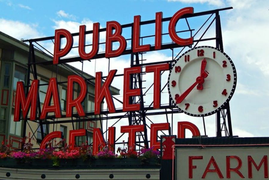 Public Market Center sign and clock